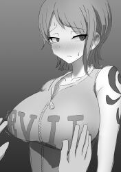 Rule 34 | 1girl, arms at sides, blush, breasts, dot nose, facing viewer, female focus, furrowed brow, grabbing, grabbing another&#039;s breast, gradient background, grey background, greyscale, highres, imminent breast grab, impossible clothes, large breasts, monochrome, nami (one piece), nose blush, official alternate costume, one piece, portrait, pov, pov hands, short hair, sideways glance, solo focus, sweatdrop, tsurime, zipper