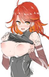 Rule 34 | :d, absurdres, ahoge, azur lane, bad id, bad twitter id, blush, breasts, breasts out, bright pupils, copyright request, detached sleeves, earrings, freedom nakai, highres, jewelry, large breasts, looking at viewer, multicolored hair, nipples, open mouth, red hair, simple background, sketch, smile, solo, swept bangs, tagme, upper body, white background, yellow eyes