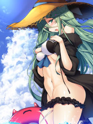 Rule 34 | 1girl, abs, alternate costume, bikini, blue eyes, blue sky, blush, breasts, cloud, cloudy sky, contrapposto, cowboy shot, day, enemy lifebuoy (kancolle), fang, from side, green hair, hair between eyes, hands on own chest, hat, highres, innertube, kantai collection, long hair, lowleg, lowleg bikini, medium breasts, navel, open mouth, outdoors, sky, solo, standing, sun hat, swim ring, swimsuit, torisan, very long hair, yamakaze (kancolle)