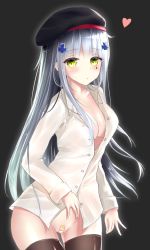 Rule 34 | 1girl, bandaid, bandaid on pussy, beret, black background, blush, breasts, cleavage, cowboy shot, eyebrows, girls&#039; frontline, green eyes, hair ornament, hat, heart, hk416 (girls&#039; frontline), kayakooooo, long hair, looking at viewer, naked shirt, open clothes, open shirt, shirt, silver hair, solo, thighhighs