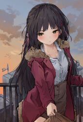 Rule 34 | 1girl, absurdres, arm support, black hair, blush, brown skirt, cafe stella to shinigami no chou, casual, cityscape, closed mouth, coat, collarbone, commentary, eyelashes, fence, flower, fur-trimmed hood, fur trim, furrowed brow, hair flower, hair ornament, hair ribbon, hairclip, hato (hatotoou), highres, hood, hood down, long hair, long sleeves, looking to the side, official alternate costume, open clothes, open coat, outdoors, pencil skirt, pink ribbon, red coat, ribbon, shiki natsume, shirt, shirt tug, shy, skirt, solo, suspender skirt, suspenders, twilight, very long hair, white flower, white shirt, yellow eyes