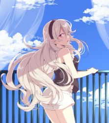 Rule 34 | 1girl, blush, corrin (female) (fire emblem), corrin (fire emblem), day, fire emblem, fire emblem fates, fire emblem heroes, hairband, hiyori (rindou66), long hair, looking at viewer, nintendo, open mouth, pointy ears, red eyes, shorts, sky, slit pupils, smile, solo, very long hair, white hair
