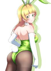 Rule 34 | 1girl, absurdres, animal ears, black pantyhose, blonde hair, blunt bangs, breasts, commentary request, cowboy shot, detached collar, elbow gloves, from behind, gloves, green eyes, green leotard, heanna sumire, highres, leotard, long hair, looking at viewer, looking back, love live!, love live! superstar!!, medium breasts, noochan chonoda, pantyhose, playboy bunny, rabbit ears, rabbit tail, simple background, solo, strapless, strapless leotard, tail, thighband pantyhose, white background, white gloves