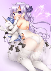 Rule 34 | 1girl, absurdres, ass, azur lane, backless dress, backless outfit, bow, butt crack, covered mouth, derivative work, dress, elbow gloves, feathers, female focus, gloves, hair bow, hair bun, highres, holding, holding stuffed toy, kneehighs, long hair, looking at viewer, oooqqq, panties, purple background, purple bow, purple eyes, see-through, single hair bun, single side bun, socks, solo, stuffed animal, stuffed toy, stuffed winged unicorn, thighhighs, underwear, unicorn (azur lane), white gloves, white panties, white socks, white thighhighs, wings