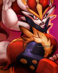 Rule 34 | 2019, rabbit, cinderace, commentary, commission, creature, creatures (company), defiant drills, english commentary, furry, game freak, gen 8 pokemon, highres, kicking, looking at viewer, nintendo, open mouth, pokemon, pokemon (creature), purple background, red eyes, signature, simple background, solo, standing, standing on one leg, upper body