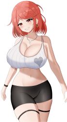 Rule 34 | 1girl, absurdres, bad source, bare shoulders, bike shorts, blush, breasts, cleavage, highres, huge breasts, looking at viewer, navel, nintendo, pyra (xenoblade), red eyes, red hair, short hair, smile, solo, sports bra, super smash bros., swept bangs, white background, xenoblade chronicles (series), xenoblade chronicles 2, yissou art