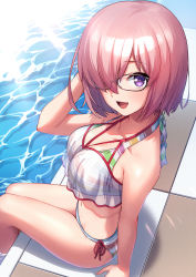 Rule 34 | 1girl, asada hachi, bare shoulders, bikini, black-framed eyewear, blush, breasts, cleavage, collarbone, fate/grand order, fate (series), hair over one eye, highres, large breasts, light purple hair, looking at viewer, mash kyrielight, mash kyrielight (swimsuit of perpetual summer ver.02), multicolored bikini, multicolored clothes, official alternate costume, open mouth, poolside, purple eyes, rainbow bikini, see-through, short hair, sitting, smile, soaking feet, solo, striped bikini, striped clothes, swimsuit, thighs, water