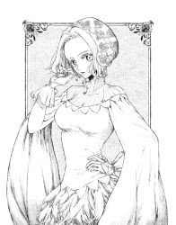Rule 34 | 1girl, akinashi 0227, arm up, breasts, dress, earrings, eileen (shadows house), eyelashes, feathers, forehead, hand on own hip, hand on own face, hat, highres, jewelry, long sleeves, looking at viewer, medium breasts, monochrome, parted lips, shadows house, short hair, solo, standing