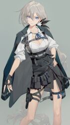Rule 34 | absurdres, apc556 (girls&#039; frontline), black gloves, black jacket, black skirt, blue eyes, blue ribbon, braid, breasts, cleavage, commission, cowboy shot, fingerless gloves, flower, girls&#039; frontline, gloves, grey background, grey hair, gun, hair flower, hair ornament, hand on own hip, handgun, highres, holster, holstered, jacket, jacket on shoulders, long braid, long hair, looking at viewer, parted lips, pixiv commission, pouch, ren huozhe, ribbon, shirt, simple background, skirt, thigh holster, thigh strap, very long hair, weapon, white shirt
