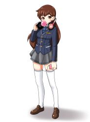 Rule 34 | 1girl, blazer, blouse, blue necktie, blush, breasts, brown footwear, brown hair, blowing bubbles, cable, collared shirt, d.va (overwatch), eron, facial mark, full body, grey skirt, head tilt, headphones, headphones around neck, highres, holding, jacket, loafers, long hair, long sleeves, looking at viewer, medium breasts, necktie, overwatch, overwatch 1, pleated skirt, school uniform, shadow, shirt, shoes, simple background, skirt, solo, standing, striped necktie, thighhighs, very long hair, white background, white shirt, white thighhighs