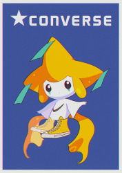 Rule 34 | absurdres, blue background, border, closed mouth, commentary request, converse, creatures (company), film grain, full body, game freak, gen 3 pokemon, highres, jirachi, legendary pokemon, looking at viewer, mythical pokemon, nintendo, no humans, orange footwear, outstretched arms, pokemon, pokemon (creature), saiku (zvlku), shoes, solo, white border