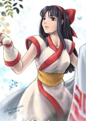 Rule 34 | 1girl, ainu clothes, alternate breast size, artist name, black hair, breasts, fingerless gloves, gloves, hair ribbon, highres, large breasts, looking up, nakoruru, open mouth, parted lips, purple eyes, ribbon, samurai spirits, smile, snk, solo, the king of fighters, thick thighs, thighs