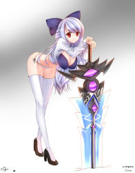 Rule 34 | 1girl, breasts, character request, cleavage, female focus, high heels, highres, image sample, large breasts, legs, looking at viewer, pixiv sample, red eyes, resized, silver hair, smile, solo, sword, tandozzing, weapon