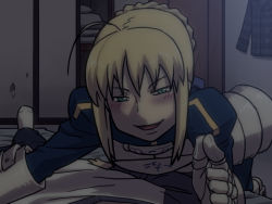 Rule 34 | 1boy, 1girl, ahoge, armor, artoria pendragon (fate), assertive female, blonde hair, blush, braid, creepy, emiya shirou, fate/stay night, fate (series), french braid, green eyes, habatakuhituji, head out of frame, lying, night, on back, on floor, open mouth, outstretched hand, pov, rape face, reaching, saber (fate), squinting
