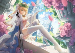 Rule 34 | 10s, 1girl, ahoge, ass, belt, blonde hair, blue sky, blurry, bodysuit, breasts, buckle, building, center opening, chain, church, clock, closed mouth, cloud, covered erect nipples, day, depth of field, dress, eyebrows, fate/extra, fate/extra ccc, fate/grand order, fate (series), flower, foreshortening, gloves, green eyes, hair intakes, head wreath, high heels, highleg, highleg leotard, highres, holding, holding sword, holding weapon, key, knee up, legs, leotard, lock, long legs, long sleeves, looking at viewer, maomaozi, navel, nero claudius (bride) (fate), nero claudius (bride) (third ascension) (fate), nero claudius (fate), nero claudius (fate) (all), nipple slip, nipples, outdoors, outstretched arm, padlock, panties, pantyshot, pillar, pink flower, pink rose, puffy sleeves, rose, see-through, shadow, shoes, showgirl skirt, sidelocks, single shoe, sitting, sky, smile, solo, stomach, sword, thigh strap, thighhighs, underwear, upskirt, veil, weapon, white dress, white footwear, white gloves, white panties, white thighhighs, wide sleeves, zipper