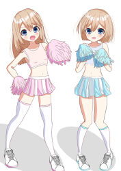 2girls blue_eyes blue_skirt brown_hair cheering cheerleader highres holding holding_pom_poms kneehighs long_hair multiple_girls nepopopop neptune_(series) open_mouth pink_skirt pom_pom_(cheerleading) pom_poms ram_(neptunia) rom_(neptunia) siblings sisters skirt socks standing tank_top thighhighs white_background