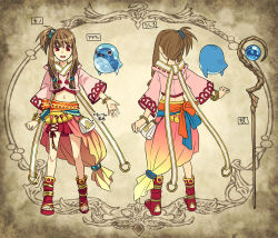 Rule 34 | 1girl, brown hair, character sheet, long hair, looking at viewer, minami seira, multiple views, open mouth, pixiv fantasia, pixiv fantasia new world, red eyes, translation request, turnaround