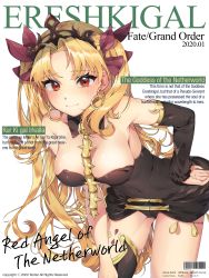 Rule 34 | 1girl, absurdres, asymmetrical legwear, asymmetrical sleeves, bare shoulders, between breasts, black leotard, black thighhighs, blonde hair, blush, bow, breasts, character name, cleavage, closed mouth, commentary, cover, detached collar, earrings, ereshkigal (fate), fate/grand order, fate (series), hair bow, hand on own hip, highres, hoop earrings, infinity symbol, jewelry, leaning forward, leotard, long hair, looking at viewer, magazine cover, medium breasts, parted bangs, red eyes, single sleeve, single thighhigh, skull, solo, spine, tantan (xrvf2288), thighhighs, thighs, tiara, two side up, uneven legwear, uneven sleeves, white background