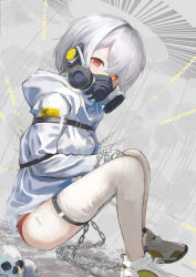 Rule 34 | 1girl, barcode, barcode tattoo, belt, belt buckle, bound, buckle, chain, commentary request, gas mask, highres, looking at viewer, mask, original, panties, red eyes, red panties, respirator, restrained, sakuramomo, shoes, sitting, skull, sneakers, solo, straitjacket, tattoo, thighhighs, underwear, white hair
