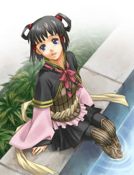 Rule 34 | 1girl, :d, armor, black hair, blue eyes, blunt bangs, boots, bow, bowtie, capelet, flat chest, from above, gensou suikoden, gensou suikoden v, hair ornament, hair rings, half updo, japanese clothes, long sleeves, looking up, lowres, lyon (suikoden), open mouth, outdoors, pantyhose, plant, pool, poolside, sash, short hair, short twintails, sitting, skirt, smile, soaking feet, solo, thigh boots, thighhighs, twintails, umao, water