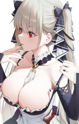 Rule 34 | 1girl, absurdres, azur lane, bad id, bad twitter id, between breasts, black dress, black nails, blush, breasts, cleavage, closed mouth, collarbone, detached sleeves, dress, formidable (azur lane), gnns, highres, jewelry, large breasts, long hair, long sleeves, nail polish, necklace, platinum blonde hair, red eyes, simple background, solo, twintails, very long hair, white background