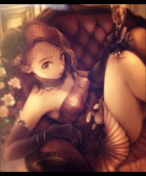 Rule 34 | 1girl, bare shoulders, blurry, bracelet, brown hair, chair, cup, dress, drinking glass, elbow gloves, gloves, hat, highres, hohoemidebu, idolmaster, idolmaster (classic), jewelry, legs, long hair, looking at viewer, minase iori, necklace, open mouth, solo, stuffed animal, stuffed rabbit, stuffed toy, veil, wine glass