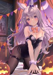 Rule 34 | 1girl, animal ears, bed sheet, black leotard, black pantyhose, black ribbon, blush, bow, bowtie, braid, breasts, cleavage, crescent moon, detached collar, floating hair, hair between eyes, hair bow, halloween, halloween costume, highres, indoors, jewelry, leotard, long hair, looking at viewer, medium breasts, moon, open mouth, orange bow, orange bowtie, original, pantyhose, playboy bunny, pumpkin, purple bow, purple eyes, purple hair, purple sky, rabbit ears, rabbit tail, ribbon, ring, single braid, sky, solo, strapless, strapless leotard, striped bow, striped bowtie, striped clothes, tail, very long hair, wrist cuffs, yoshino ryou