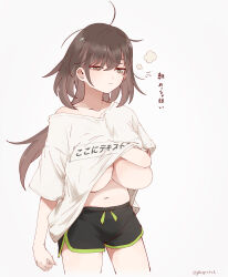 1girl areola_slip black_shorts breasts brown_eyes brown_hair cowboy_shot dolphin_shorts glassy0302 half-closed_eyes highres huge_breasts kuraishi_rinngo long_hair messy_hair no_bra original scratching shirt shorts simple_background solo underboob white_background white_shirt