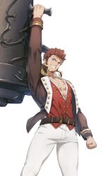 Rule 34 | 1boy, absurdres, bara, boots, brown hair, brown jacket, cannon, facial hair, fate/grand order, fate (series), goatee, highres, holding, holding weapon, jacket, large pectorals, long sideburns, male focus, muscular, muscular male, napoleon bonaparte (fate), okonon (kado colda), pants, pectorals, short hair, sideburns, simple background, smile, solo, teeth, weapon, white background, white pants