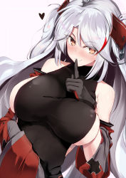 Rule 34 | 1girl, antenna hair, azur lane, bare shoulders, black ribbon, blush, breasts, brown eyes, closed mouth, commentary request, cross, eyes visible through hair, finger to mouth, flag print, highres, impossible clothes, iron cross, jacket, unworn jacket, large breasts, long hair, looking at viewer, military, military uniform, mole, mole on breast, multicolored hair, ninoude (ninoude44), prinz eugen (azur lane), ribbon, shirt, sideboob, silver hair, sleeveless, sleeveless shirt, smile, solo, streaked hair, swept bangs, turtleneck, two side up, uniform, upper body