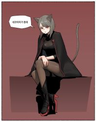 Rule 34 | 1girl, absurdres, animal ears, ankle boots, black cloak, black footwear, black leotard, bob cut, bodystocking, boots, border, brown pantyhose, cat ears, cat girl (gogalking), cat tail, cloak, collared cloak, gogalking, grey hair, high heel boots, high heels, highres, korean text, leotard, looking at viewer, original, pantyhose, parted lips, pink background, short hair, sitting, solo, tail, tail raised, thighband pantyhose, translation request, white border