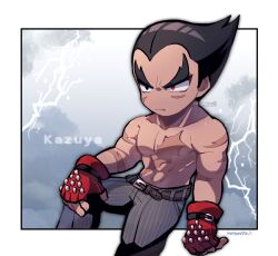 Rule 34 | 1boy, abs, belt, black belt, black eyes, black hair, closed mouth, electricity, facial scar, gloves, grey pants, heterochromia, invisible chair, kotorai, male focus, mishima kazuya, navel, no nose, pants, pectorals, red eyes, red gloves, scar, scar on arm, scar on cheek, scar on chest, scar on face, signature, sitting, solo, studded gloves, tekken, thick eyebrows, toned, toned male, topless male, v-shaped eyebrows