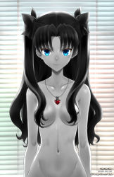 Rule 34 | 1girl, arms at sides, black hair, black ribbon, blue eyes, blush, breasts, collarbone, dated, fate/stay night, fate (series), female focus, hair censor, hair intakes, hair over breasts, hair ribbon, highres, indoors, jewelry, light smile, linea alba, long hair, looking at viewer, navel, neck, no bra, no panties, nude, out-of-frame censoring, pendant, ribbon, shirotsumekusa, small breasts, smile, solo, spot color, standing, tohsaka rin, topless, topless frame, two side up, upper body, window blinds