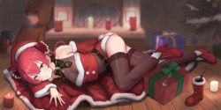 Rule 34 | 1girl, belt, black thighhighs, boots, bow, box, breasts, candle, candlelight, christmas, christmas ornaments, christmas tree, cleavage, covered navel, crop top, detached sleeves, fireplace, flower, full body, fur trim, gift, gift box, gift wrapping, hair ribbon, hand on own ass, hat, heterochromia, high heel boots, high heels, highres, hololive, houshou marine, izu (tea value lord), long hair, looking at viewer, lying, medium breasts, midriff, on floor, on side, open mouth, red eyes, red flower, red hair, revision, ribbon, santa costume, santa hat, see-through, see-through cleavage, shoes, short shorts, shorts, single shoe, solo, stuffed animal, stuffed toy, teddy bear, thighhighs, thighs, twintails, virtual youtuber, yellow eyes