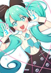 Rule 34 | 1girl, 31 (number), aqua eyes, aqua hair, aqua necktie, blush, cable, commentary, dress, gloves, hair ornament, hatsune miku, headphones, highres, long hair, looking at viewer, lying, magical mirai (vocaloid), magical mirai miku, magical mirai miku (2016), necktie, on back, open mouth, short necktie, sleeveless, sleeveless dress, smile, solo, sparkle, sparkling eyes, twintails, very long hair, vocaloid, white background, white gloves, zimoow