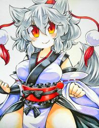 Rule 34 | 1girl, alternate eye color, animal ears, blush, breasts, bridal gauntlets, clenched hands, cowboy shot, detached sleeves, frills, gradient eyes, hat, inubashiri momiji, japanese clothes, kourindou tengu costume, looking at viewer, medium breasts, multicolored eyes, obi, orange eyes, pelvic curtain, red eyes, ribbon-trimmed sleeves, ribbon trim, sash, short eyebrows, silver hair, simple background, slit pupils, smile, solo, surigoma, tail, thick eyebrows, thighs, tokin hat, touhou, white background, wide sleeves, wolf ears, wolf tail, yellow eyes