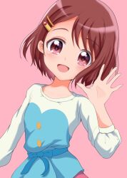 Rule 34 | 1girl, blouse, blue shirt, bob cut, commentary request, hair ornament, hairclip, hanadera nodoka, head tilt, healin&#039; good precure, highres, long sleeves, looking at viewer, mitaka, open mouth, pink background, pink eyes, pink hair, precure, shirt, short hair, simple background, smile, solo, standing, upper body, waving