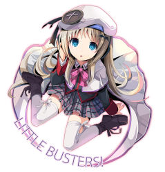 Rule 34 | 1girl, :o, bad id, bad tinami id, blonde hair, blue eyes, bow, capelet, copyright name, from above, fruit punch, hair ornament, hat, little busters!, looking at viewer, noumi kudryavka, pink bow, school uniform, sitting, skirt, solo, thighhighs, wariza, white thighhighs