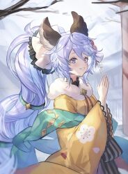 Rule 34 | 1girl, animal ears, blush, breasts, granblue fantasy, hair ornament, hands up, highres, japanese clothes, kimono, long hair, looking at viewer, official alternate costume, open mouth, outdoors, own hands together, palms together, ponytail, purple eyes, purple hair, satyr (granblue fantasy), shawl, shiromimin, small breasts, smile, solo, upper body, very long hair, wide sleeves, yellow kimono