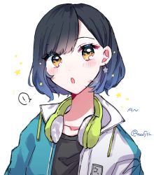 Rule 34 | !, alternate hair length, alternate hairstyle, black hair, black shirt, blush, bob cut, character name, coat, commentary request, earrings, gradient hair, headphones, headphones around neck, highres, jewelry, multicolored hair, open mouth, orange hair, project sekai, shiraishi an, shirt, short hair, signature, spoken exclamation mark, star (symbol), star earrings, toco5th, white background