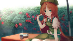 Rule 34 | black bow, bow, braid, chinese clothes, chopsticks, commentary request, cup, dango, day, eating, flower, food, frilled shirt, frills, gengetsu chihiro, green eyes, green hat, hair bow, hat, highres, hong meiling, long hair, looking at viewer, outdoors, pelvic curtain, puffy short sleeves, puffy sleeves, red flower, red hair, shirt, short sleeves, sitting, star (symbol), touhou, twin braids, very long hair, vest, wagashi, wallpaper