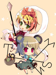 Rule 34 | 2girls, animal ears, bad id, bad pixiv id, basket, blonde hair, female focus, full body, grey hair, hair ornament, jewelry, mouse (animal), mouse ears, mouse tail, multiple girls, nazrin, pendant, polearm, red eyes, shawl, shiwasu horio, short hair, spear, standing, tail, toramaru shou, touhou, weapon, yellow eyes