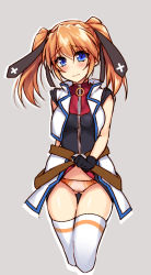 Rule 34 | 1girl, belt, black gloves, blue eyes, blush, breasts, clothes lift, embarrassed, gloves, grey background, hair ribbon, highres, lifting own clothes, long hair, looking at viewer, lyrical nanoha, mahou shoujo lyrical nanoha strikers, orange hair, orange panties, panties, pantyshot, raiou, ribbon, simple background, skindentation, skirt, skirt lift, solo, standing, teana lanster, thighhighs, twintails, underwear, vest, white thighhighs