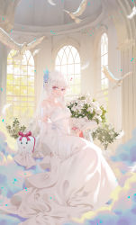 Rule 34 | 1girl, absurdres, animal, bare shoulders, bird, blue flower, blue rose, borrowed character, bouquet, breasts, cirilla lin, commentary, creature, dove, dress, elbow gloves, feathers, flower, full body, gloves, grey eyes, grin, hair flower, hair ornament, heart, highres, holding, holding bouquet, indoors, long dress, looking at viewer, medium breasts, multicolored eyes, nacchan (ohisashiburi), original, petals, red eyes, rose, rose bush, short hair, smile, solo, veil, wedding dress, dove, white dress, white flower, white gloves, white hair, white rose