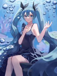 Rule 34 | 1girl, 6o2 (rokumaruni), bare arms, black bow, blue eyes, blue hair, blue nails, blue theme, blurry, blurry foreground, bow, bubble, closed mouth, collarbone, dress, floating hair, grey dress, hair between eyes, hair bow, hatsune miku, highres, long hair, looking at viewer, nail polish, shinkai shoujo (vocaloid), short dress, sitting, sleeveless, sleeveless dress, smile, solo, twintails, very long hair, vocaloid
