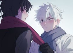 Rule 34 | 2boys, black coat, black gloves, black hair, blue scarf, blush, cheng xiaoshi, closed mouth, clothes grab, coat, commentary, ear blush, eye contact, from behind, gloves, grey background, grey eyes, looking at another, lu guang, male focus, mr yheu, multiple boys, pink scarf, scarf, scarf grab, shiguang dailiren, short hair, simple background, white coat, white hair