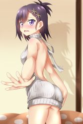Rule 34 | 10s, 1girl, absurdres, ass, asymmetrical bangs, back, backless dress, backless outfit, bare back, black hair, blush, breasts, cowboy shot, dress, gabriel dropout, gluteal fold, hair ornament, halterneck, highres, meme attire, naked sweater, nose blush, open mouth, outstretched arm, purple eyes, purple hair, ribbed sweater, seno (nanrandesu), short hair, small breasts, solo, sweater, sweater dress, vignette tsukinose april, virgin killer sweater, x hair ornament