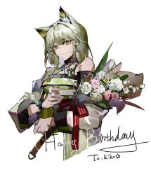 Rule 34 | 1girl, absurdres, animal ear fluff, animal ears, arknights, bare shoulders, bouquet, breasts, cat ears, cat girl, dress, flower, green dress, green eyes, green hair, happy birthday, highres, holding, holding bouquet, jiao qiang bu sha, kal&#039;tsit (arknights), long sleeves, looking at viewer, material growth, medium hair, off-shoulder dress, off shoulder, official alternate costume, oripathy lesion (arknights), pink flower, simple background, small breasts, smile, solo, stethoscope, sticker, watch, white background, white flower, wristwatch