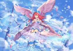 Rule 34 | 1girl, :d, angel, angel wings, armband, armpit peek, bare shoulders, beige wings, blue eyes, blue flower, blue footwear, blue ribbon, boots, braid, breasts, cleavage, cloud, cloudy sky, collarbone, crown braid, day, dress, elbow gloves, feathered wings, floating hair, flower, flying, full body, fuuro (johnsonwade), gem, gloves, glowing, hair between eyes, hair flower, hair ornament, harp, holding, holding instrument, instrument, jewelry, long hair, looking at viewer, musical note, open mouth, original, outdoors, pendant, pink ribbon, quaver, quaver rest, red hair, ribbon, sky, smile, solo, spire, strapless, strapless dress, thighhighs, tower, white dress, white gloves, white thighhighs, wings