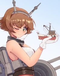 Rule 34 | 1girl, 3boys, artist name, bare shoulders, blush, breasts, brown hair, collar, day, flipped hair, flower, giant, giantess, gloves, green eyes, headgear, highres, holding person, kantai collection, large breasts, midriff, multiple boys, mutsu (kancolle), one eye closed, outdoors, raps (yohomeboyraps), rigging, ship, short hair, size difference, smile, smokestack, solo focus, turret, upper body, watercraft, white gloves